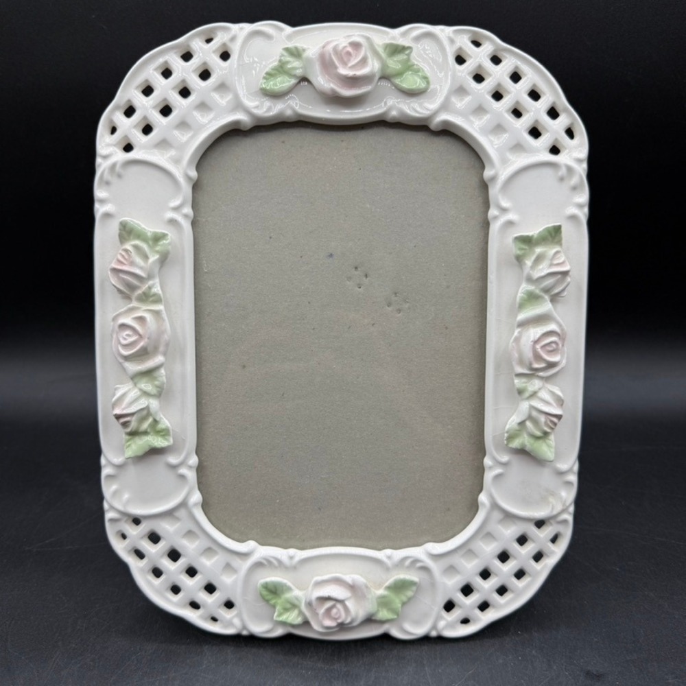 Vintage Elsa 5x7 Lattice Rose Picture Frame Home Decor White Pink Floral Cottage